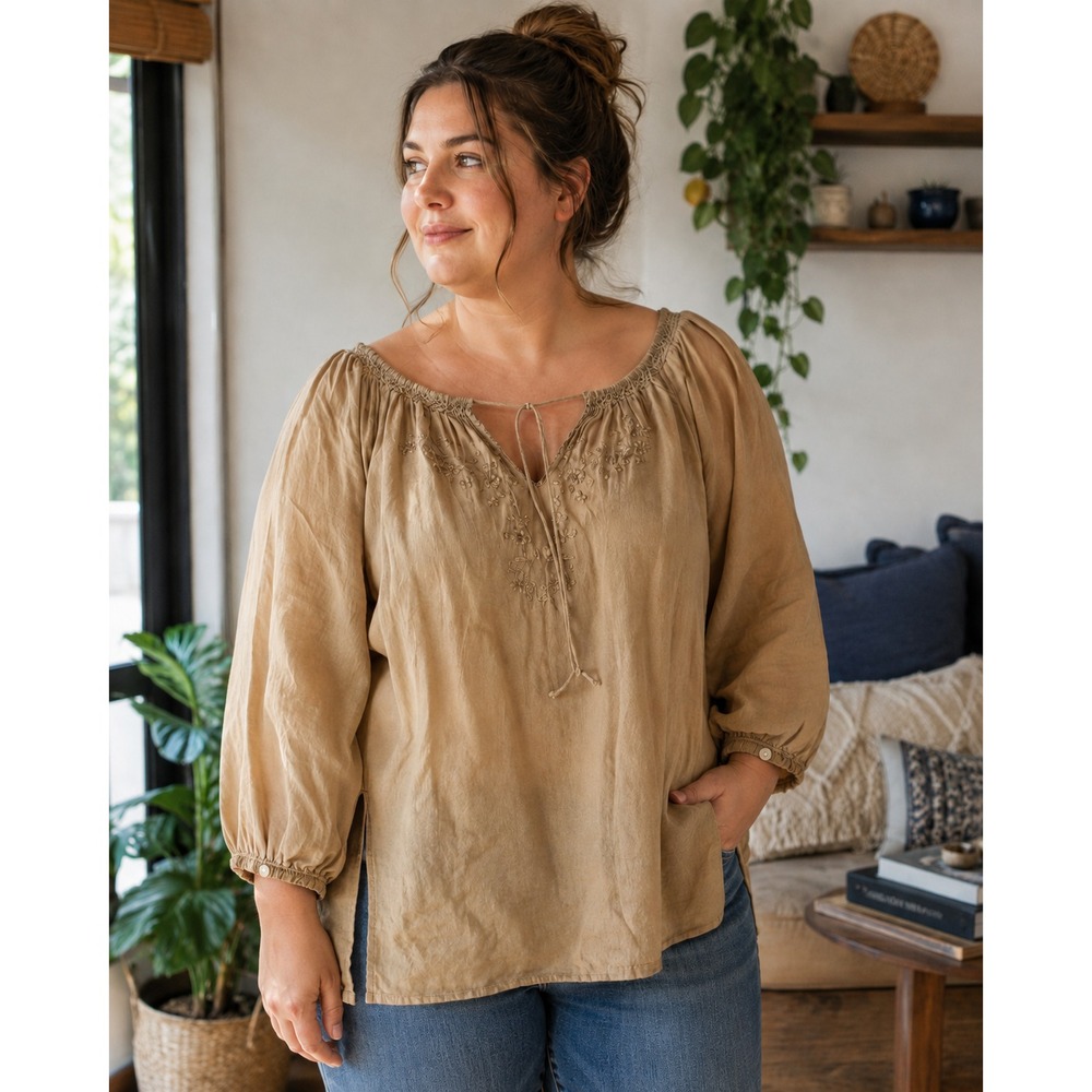 Lauren Ralph Lauren 100% Linen Embroidered Peasant Blouse Boho Top Plus Size 1X - Picture 1 of 10